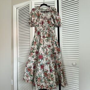 Anthropologie Floral Puff-Sleeve Maxi Dress in Cream and Pink